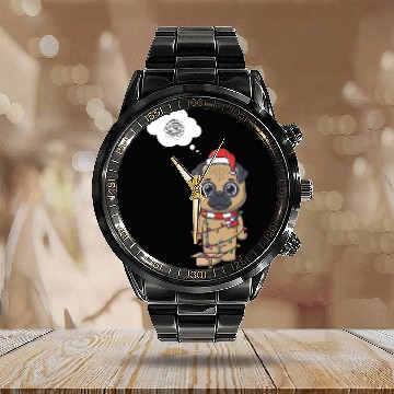 Discover Festive Pug in Holiday Lights Calendar Steel Band Watch