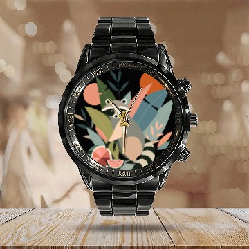 Discover Raccoon with tropical plants and melons Calendar Steel Band Watch