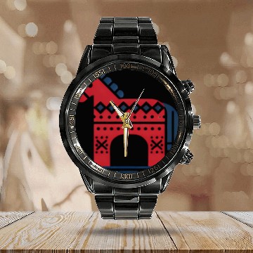 Discover Minimalist Red Nordic Dala Horse Design Calendar Steel Band Watch