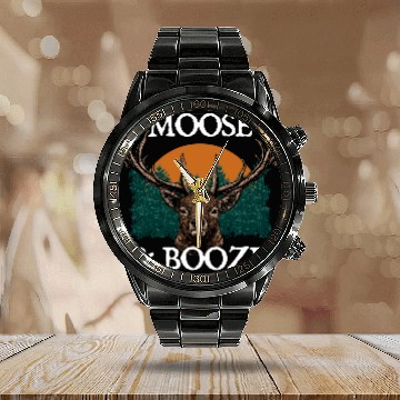 Discover Moose and Booze Deer Hunting Elk Hunter Drinking Calendar Steel Band Watch