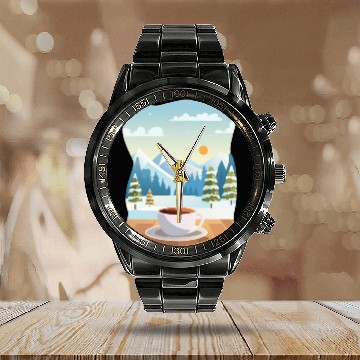 Discover Coffee Cup and Winter Mountain View Calendar Steel Band Watch