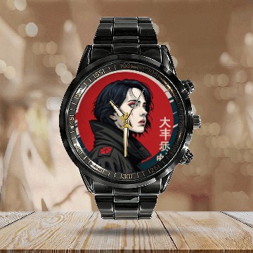 Discover Neo-Tokyo Style: Captivating Woman in a Powerful Calendar Steel Band Watch