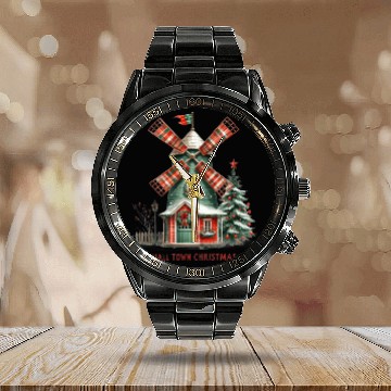 Discover Small Town Christmas Plaid Windmill Calendar Steel Band Watch