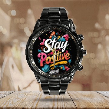 Discover stay positive Calendar Steel Band Watch