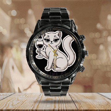 Discover Feline Fine Cat and Wine Lover Calendar Steel Band Watch