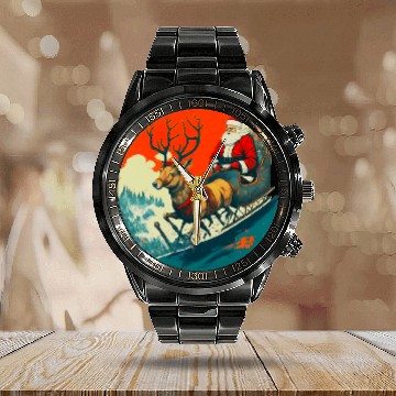Discover Santa Claus Flying Reindeer Christmas Festive Calendar Steel Band Watch