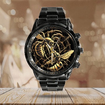 Discover Golden Bee and Spider Web Art Calendar Steel Band Watch