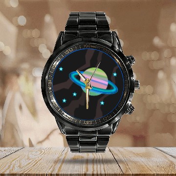 Discover Space Stars and Planet (green and pink) Calendar Steel Band Watch