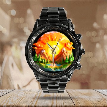 Discover Vibrant Geometric Sunrise Landscape – Nature-Inspi Calendar Steel Band Watch