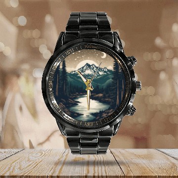 Discover Nighttime Serenity: Mountains and River Under the Calendar Steel Band Watch