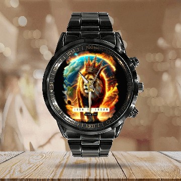 Discover Lion of Judah with Crown, Flames and World. Calendar Steel Band Watch