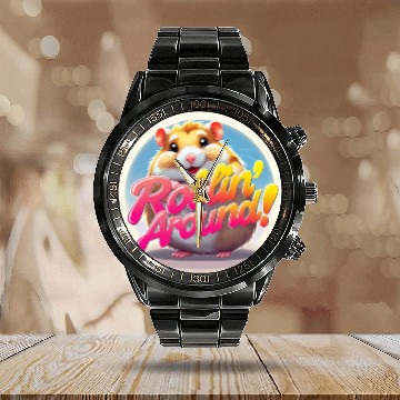 Discover Cheeky Hamster with Playful Text Calendar Steel Band Watch