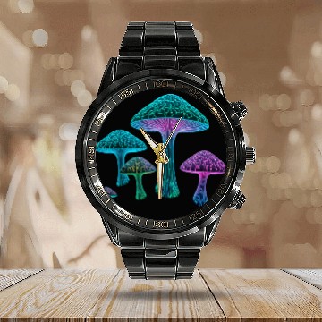 Discover Psychedelic Neon Fungi Glow Calendar Steel Band Watch