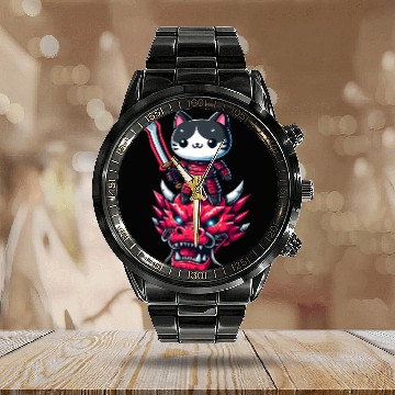 Discover Samurai Cat with Sword on Dragon in Epic 3D Effect Calendar Steel Band Watch