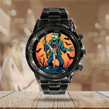 Discover Zombie Holding Axe Creepy Halloween Design Scary H Calendar Steel Band Watch