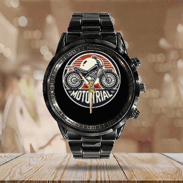 Discover Old School Moto Trial Calendar Steel Band Watch
