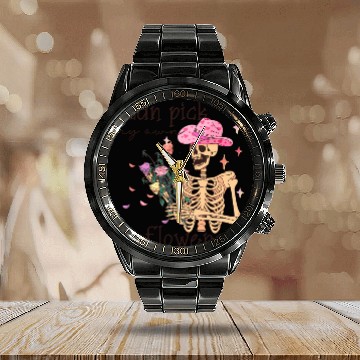 Discover Funny Cowboy Skeleton with Flowers Calendar Steel Band Watch