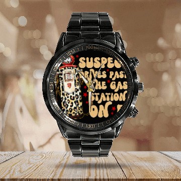 Discover Funny Gas Station Leopard Print Design Calendar Steel Band Watch