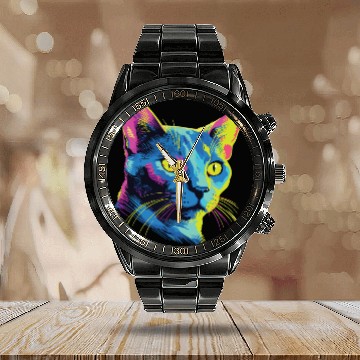 Discover Cat Watercolor Colorful Russian Blue Calendar Steel Band Watch
