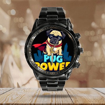 Discover Pug Power Superhero Calendar Steel Band Watch