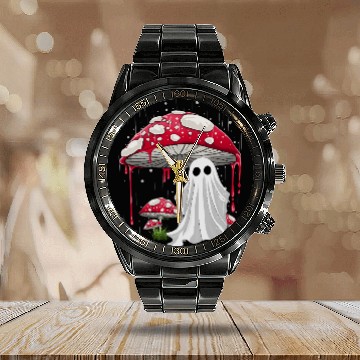 Discover Cottagecore Halloween Ghost Mushroom Spooky Calendar Steel Band Watch
