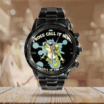 Discover Diver Frog With Saying Home Meets Quarry Pond Calendar Steel Band Watch