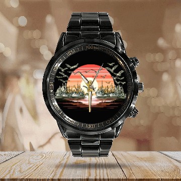 Discover Fishing boat, sea, birds, sunset Calendar Steel Band Watch