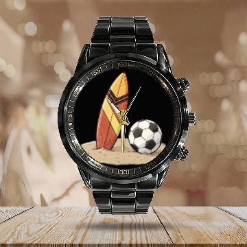 Discover Surfboard and soccer ball in the sand Calendar Steel Band Watch