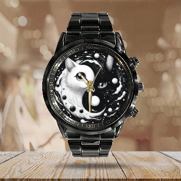 Discover Ying and Yang Cats Asian Meditation Gift Idea Calendar Steel Band Watch