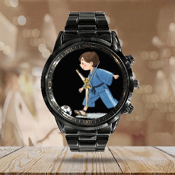 Discover Boy in kimono playing soccer Calendar Steel Band Watch