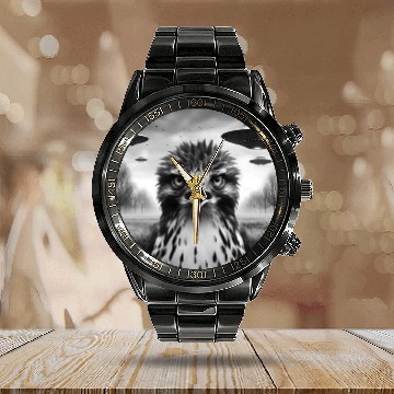 Discover Hawk falcon Funny Graphic Selfie with UFOs Weird Calendar Steel Band Watch