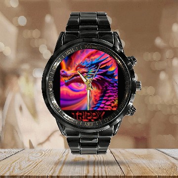 Discover Trippy psychedelic fractal dragon Calendar Steel Band Watch