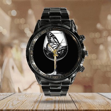 Discover Butterfly in a Wine Glass Calendar Steel Band Watch