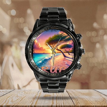 Discover Aruba Eagle Beach Sunset Palm Trees Grunge Calendar Steel Band Watch