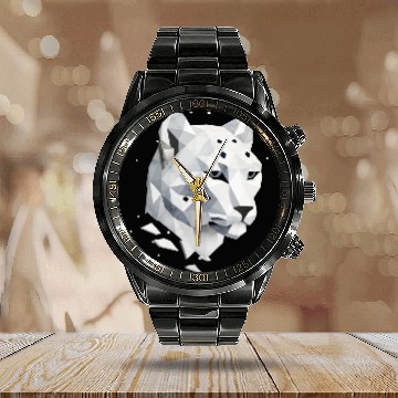 Discover Geometric Snow Leopard - Elegance of the Wild Calendar Steel Band Watch
