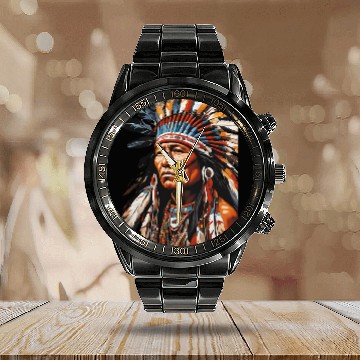Discover Native American Chief Calendar Steel Band Watch