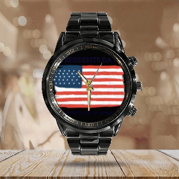 Discover US flag.Presidents Day Calendar Steel Band Watch