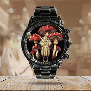 Discover Skull Mushrooms Natural Motif Calendar Steel Band Watch