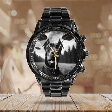 Discover Doberman Pinscher Funny Graphic Selfie with UFO We Calendar Steel Band Watch