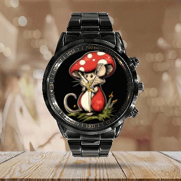 Discover Mushroom Mouse Funny Animal And Mushroom Calendar Steel Band Watch