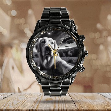 Discover Golden Retriever Funny Graphic Selfie with UFOs We Calendar Steel Band Watch
