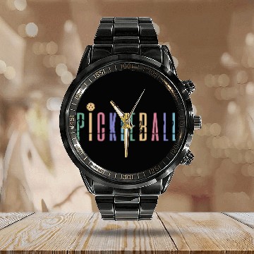 Discover Pickleball Player Colored Bold Text Calendar Steel Band Watch