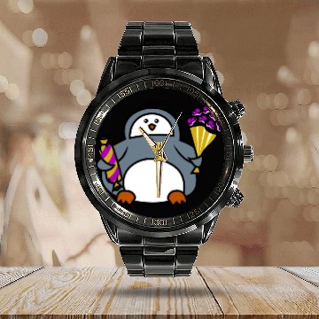 Discover penguin with flowers and sweets Calendar Steel Band Watch