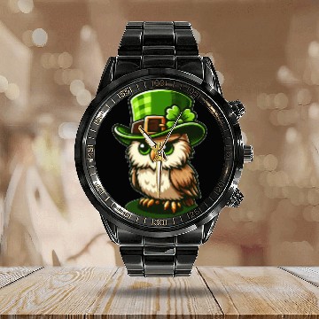 Discover Cute St. Patrick's Day Owl with Top Hat Calendar Steel Band Watch