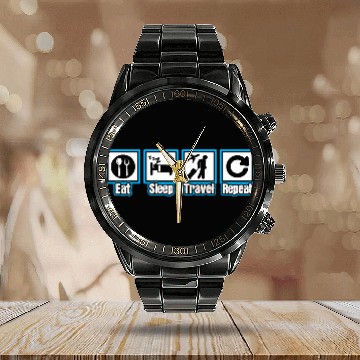 Discover Eat Sleep Travel Repeat Calendar Steel Band Watch