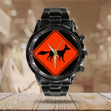Discover Red Fox Info Sign Caution Danger Warning Zone Cool Calendar Steel Band Watch