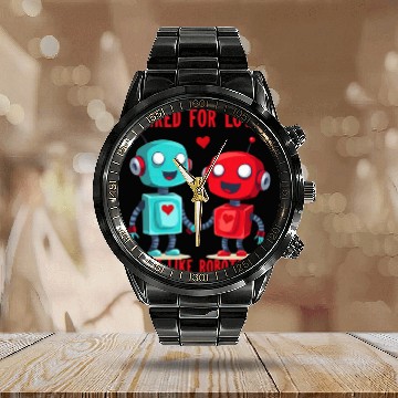 Discover Valentine's Day Gift: Two Robots in Love on Bella Calendar Steel Band Watch