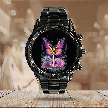 Discover Butterfly with Flowers Art Faith Over Fear Calendar Steel Band Watch