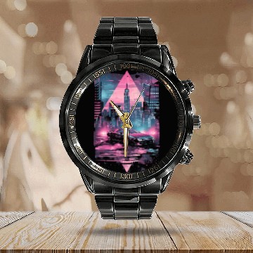 Discover Retro Vaporwave Car City Synthwave 80s 90s Calendar Steel Band Watch