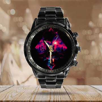 Discover Synthwave Man Retro Car City Vaporwave 90s Calendar Steel Band Watch